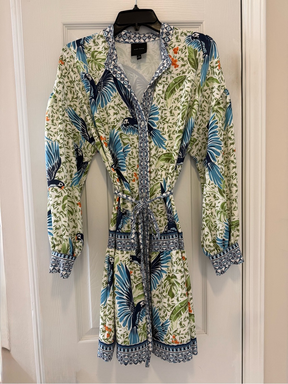 NWOT- Alex Marie Blue and Green Parrot-Print Dress sz.6
